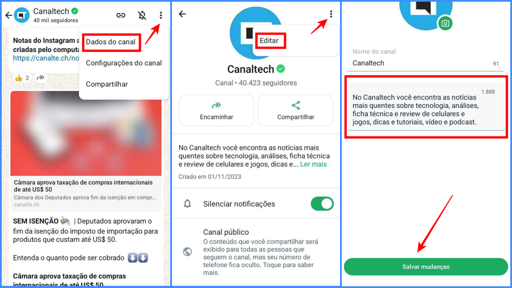 Como mudar a descrição de um canal no WhatsApp para Android (Imagem: Captura de tela/Fabrício Calixto/Canaltech)