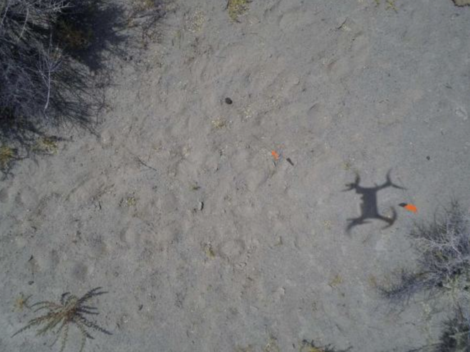 Em laranja, estão os meteoritos colocados pela equipe durante o teste. Na imagem também é possível observar a sombra do drone sobrevoando o local (Imagem: Reprodução/Robert Citron)
