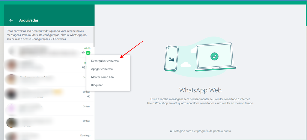 Para recuperar conversas arquivadas do WhatsApp no navegador, é só acessar função na tela inicial (Imagem: Captura de tela/Fabrício Calixto/Canaltech)