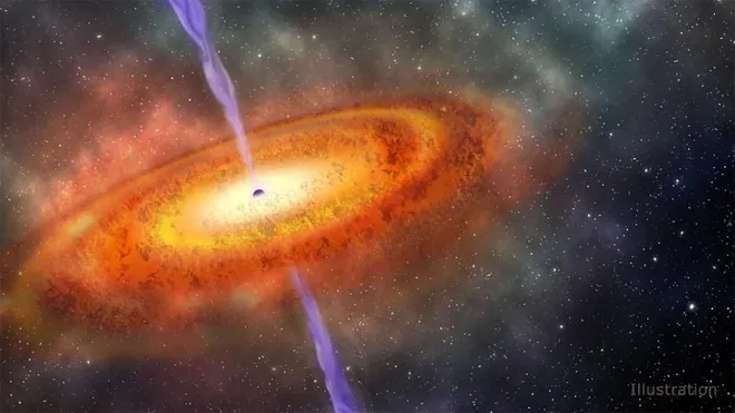 Quasares são buracos negros supermassivos em atividade intensa no centro das galáxias, com discos de acreção formados por plasma ao seu redor e jatos relativísticos ejetados de seus polos (Imagem: Robin Dienel/Carnegie Institution For Science)