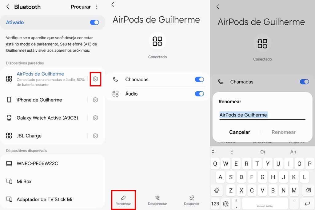 É possível alterar o nome dos AirPods conectados a um celular Android (Imagem: Captura de tela/Guilherme Haas/Canaltech)