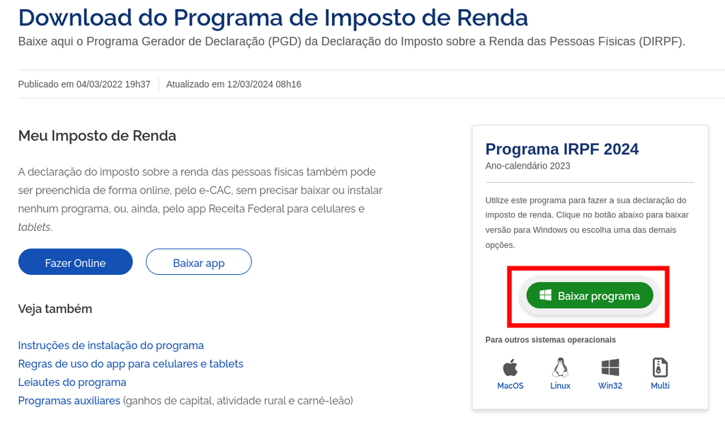 Baixe o programa no site da Receita Federal (Imagem: Captura de tela/André Magalhães/Canaltech)