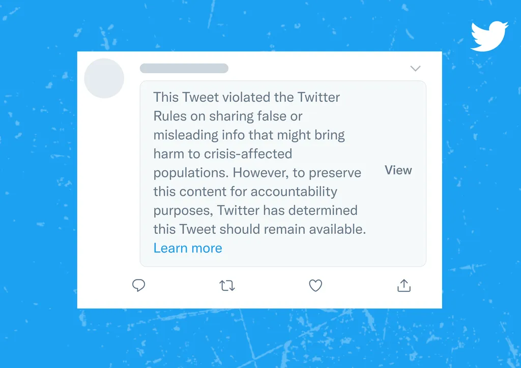 O Twitter vai exibir que usuário leia o recado e clique no botão para evitar a desinformação em "eventos críticos" (Imagem: Reprodução/Twitter)