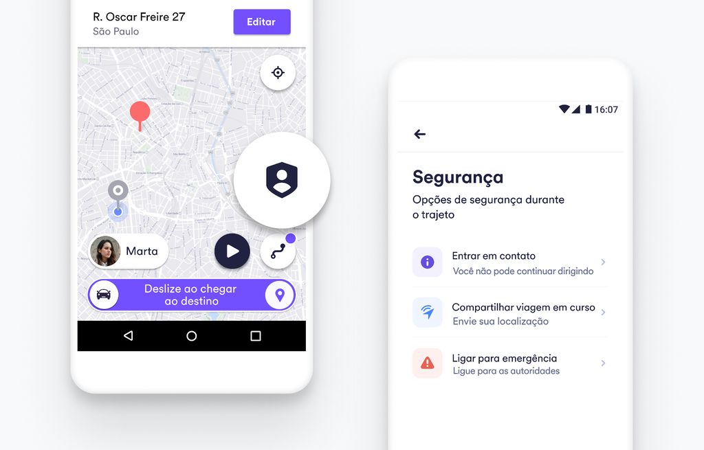 Botão de segurança exibe opções para entrar em contato com as autoridades e compartilhar localização (Imagem: Divulgação/Cabify).