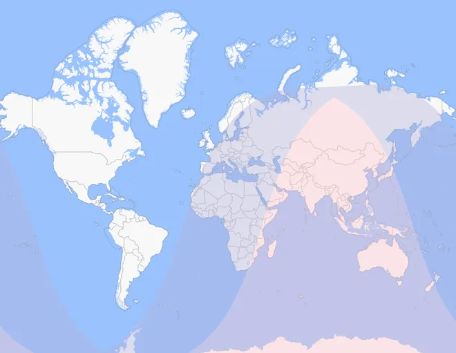 As regiões em destaque estarão sob o luar durante o eclipse de abril de 2023 (Imagem: Reprodução/timeanddate)