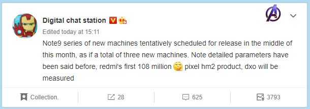 Informante revela que Xiaomi vai lançar novos Redmi Note 9 na China (Imagem: Reprodução/Digital Chat Station/Weibo)