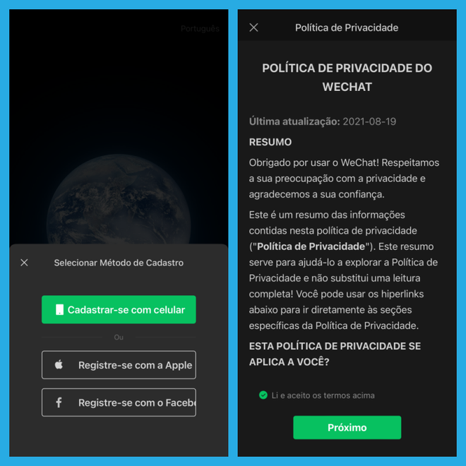 Para se cadastrar no WeChat, você pode usar seu número de celular, login da Apple (para quem tem iPhone) ou conta do Facebook (Captura de tela: Caio Carvalho/Canaltech)
