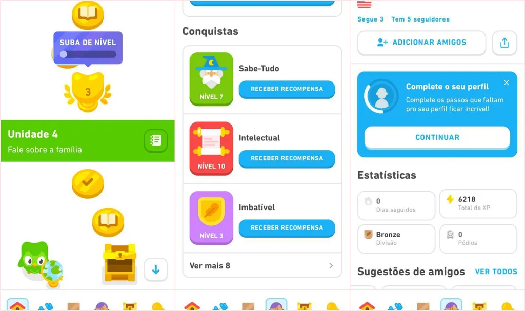 O Duolingo é o exemplo perfeito de gamificação, usando elementos de jogos em diversos quesitos (Imagens: Fabrício/Canaltech)