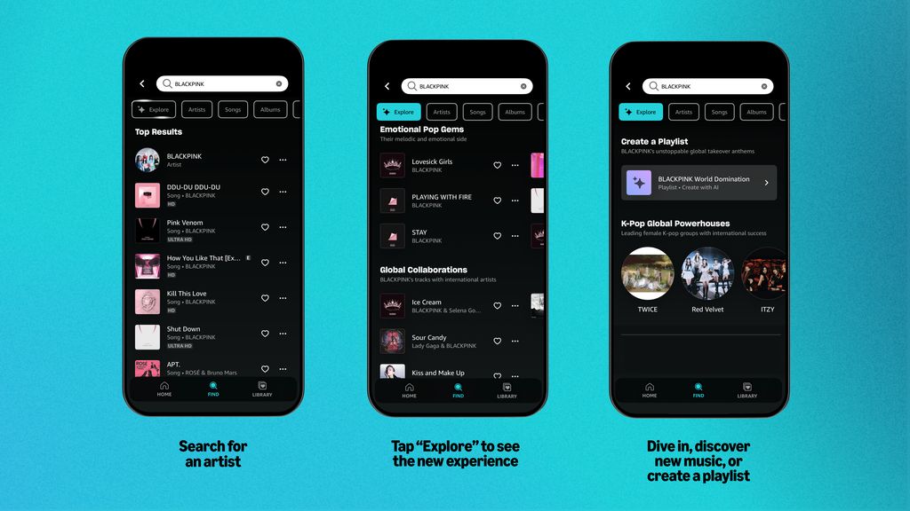 Capturas de tela do Amazon Music com o recurso Explore