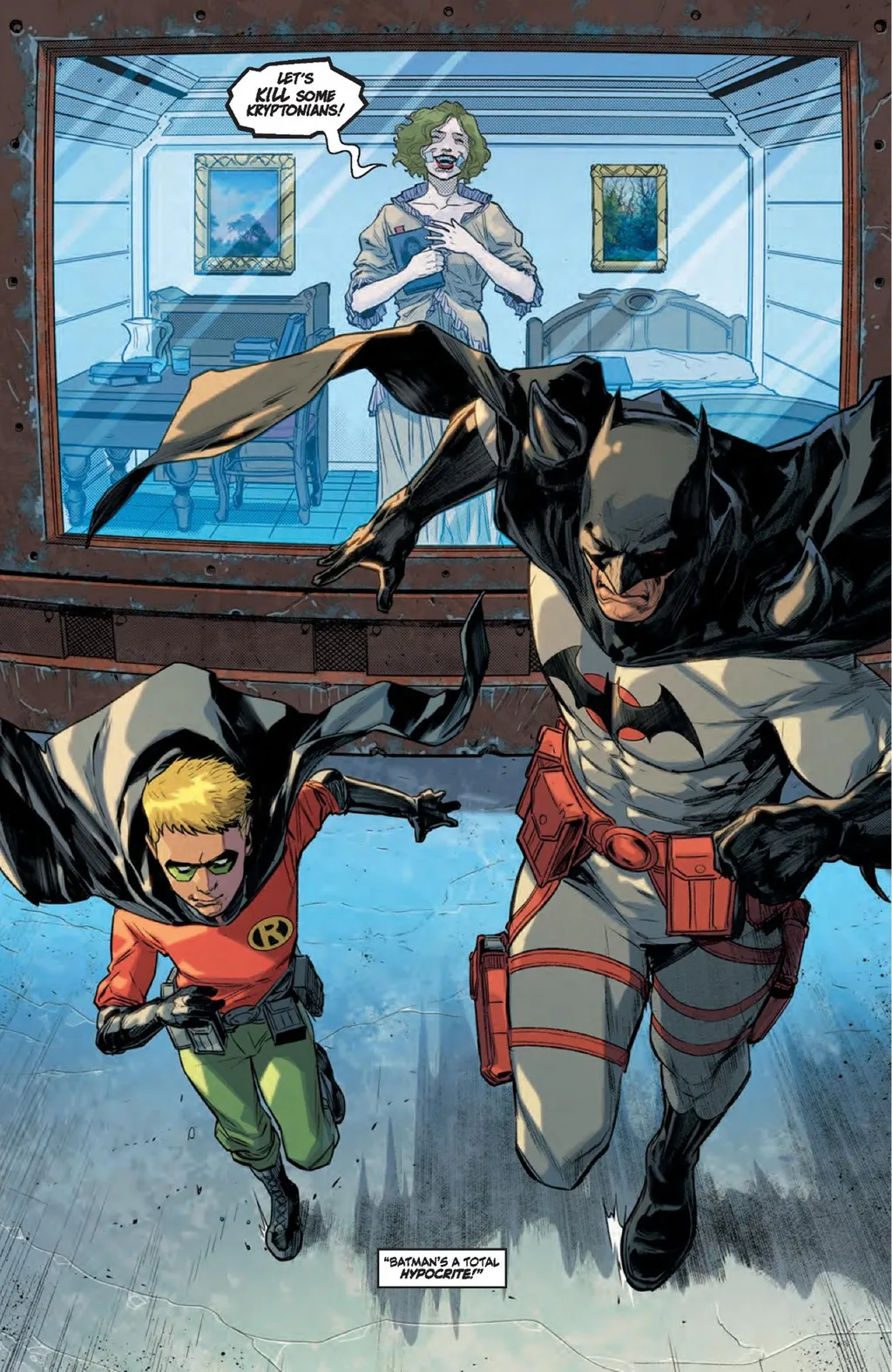 O Batman Thomas Wayne e o Robin Dent com a Coringa Martha Wayne como "troféu" na Batcaverna (Imagem: Reprodução/DC Comics)