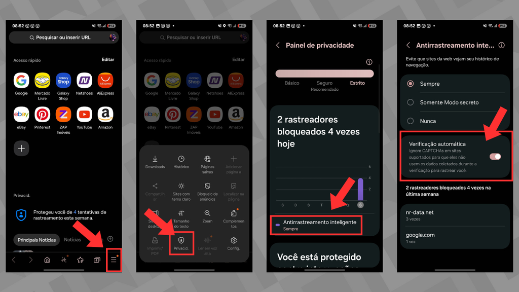 capturas de tela do app internet da samsung