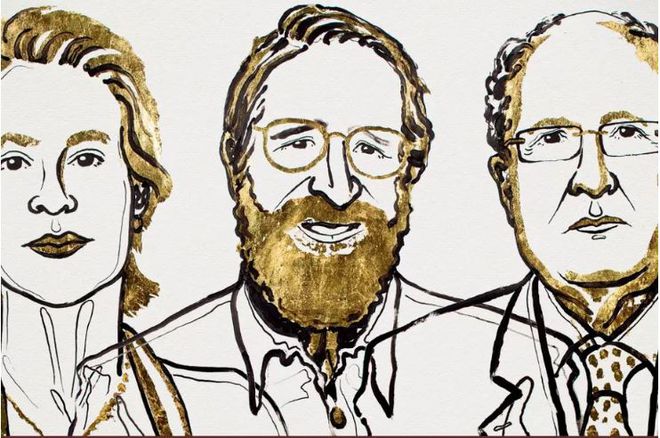 Os três vencedores do Prêmio Nobel de Química 2018 (Ilustração: Niklas Elmehed/Acadêmia Real de Ciências da Suécia)