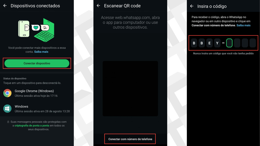 Passos para inserir o código alfanumérico para logar com o número de telefone no WhatsApp Web