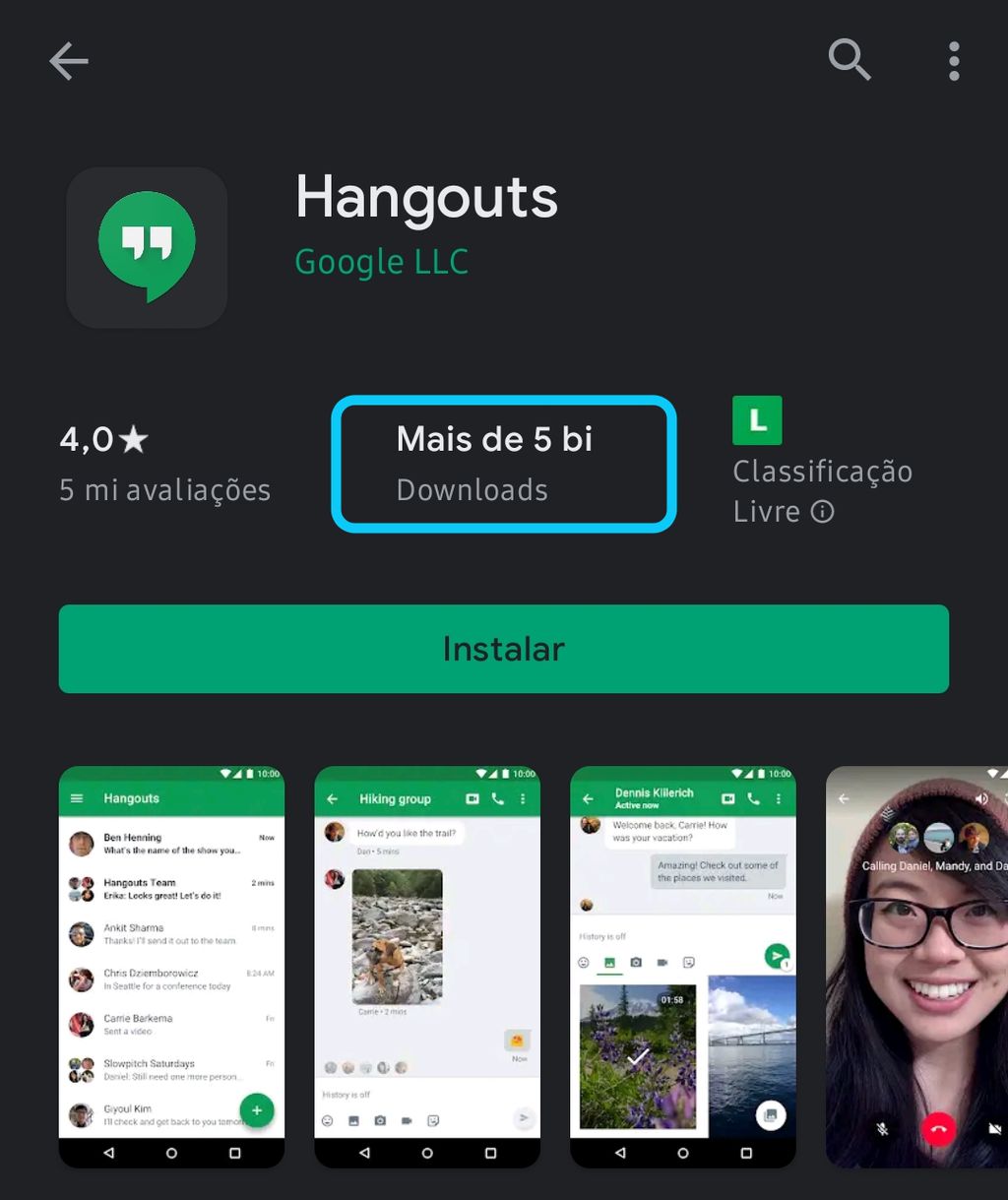 Presença nativa e integração com Gmail impulsionaram a popularidade do Hangouts (Imagem: Reprodução/Play Store)
