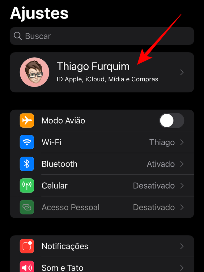 Toque nas opções de ajustes do seu ID Apple para acessar as opções do Buscar - Captura de tela: Thiago Furquim (Canaltech)