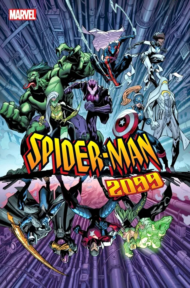 Novas versões futuristas dos Vingadores liderados pelo Homem-Aranha 2099 (Imagem: Reprodução/Marvel Comics)
