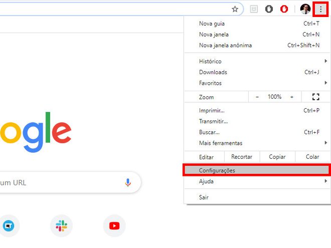 Com o Google Chrome aberto, clique no menu de "Três pontos" e em "Configurações" (Captura de tela: Matheus Bigogno)