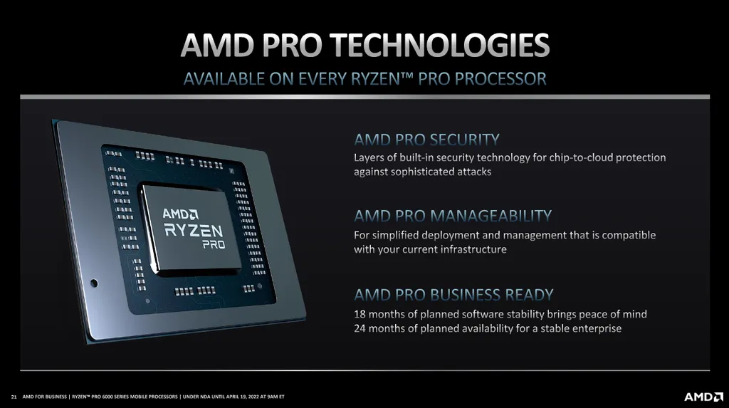 Principal diferencial dos novos chips, a suíte AMD PRO garante a segurança, o fácil gerenciamento e o suporte prolongados da linha Ryzen PRO 6000 (Imagem: AMD)