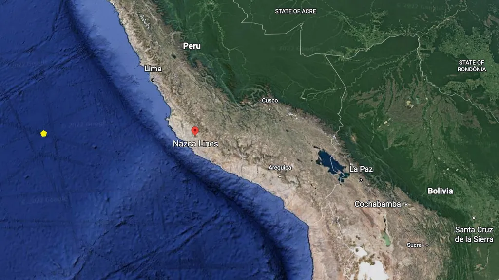 A forma, destaca pelo ponto em amarelo, está a 566 km da costa de Lima, no Peru (Imagem: Reprodução/Google Earth)