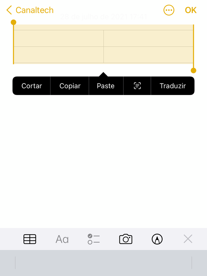Apague a tabela das suas anotações no app - Captura de tela: Thiago Furquim (Canaltech)