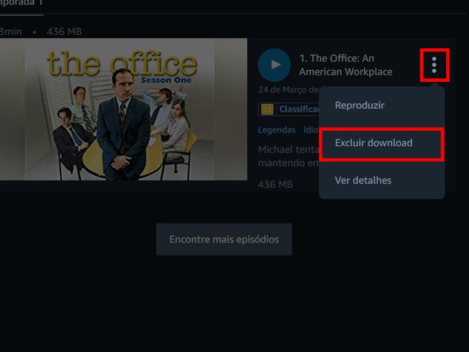 Clique no ícone de "Três pontos" e selecione o item "Excluir download" (Captura de tela: Matheus Bigogno)