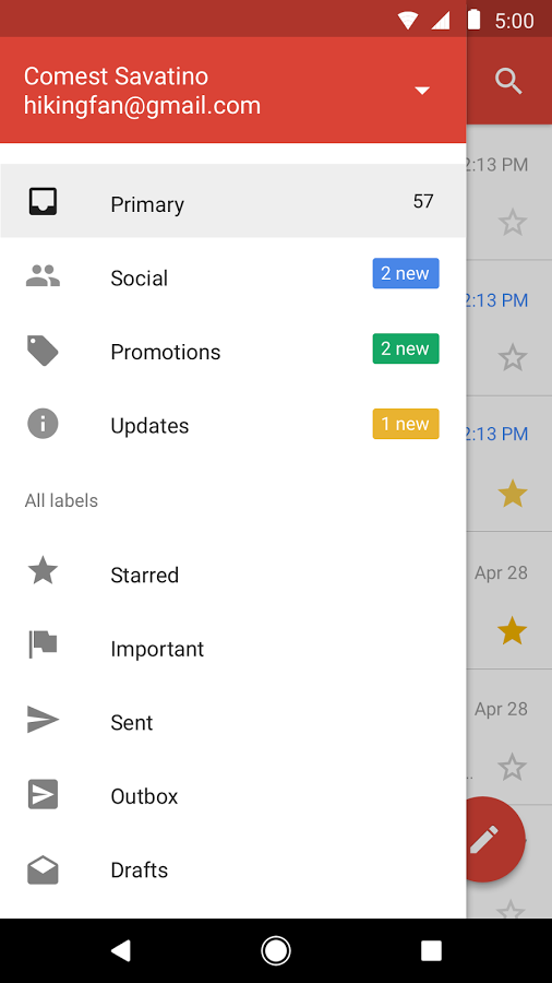 Opções no menu principal do Gmail Go são as mesmas do aplicativo padrão