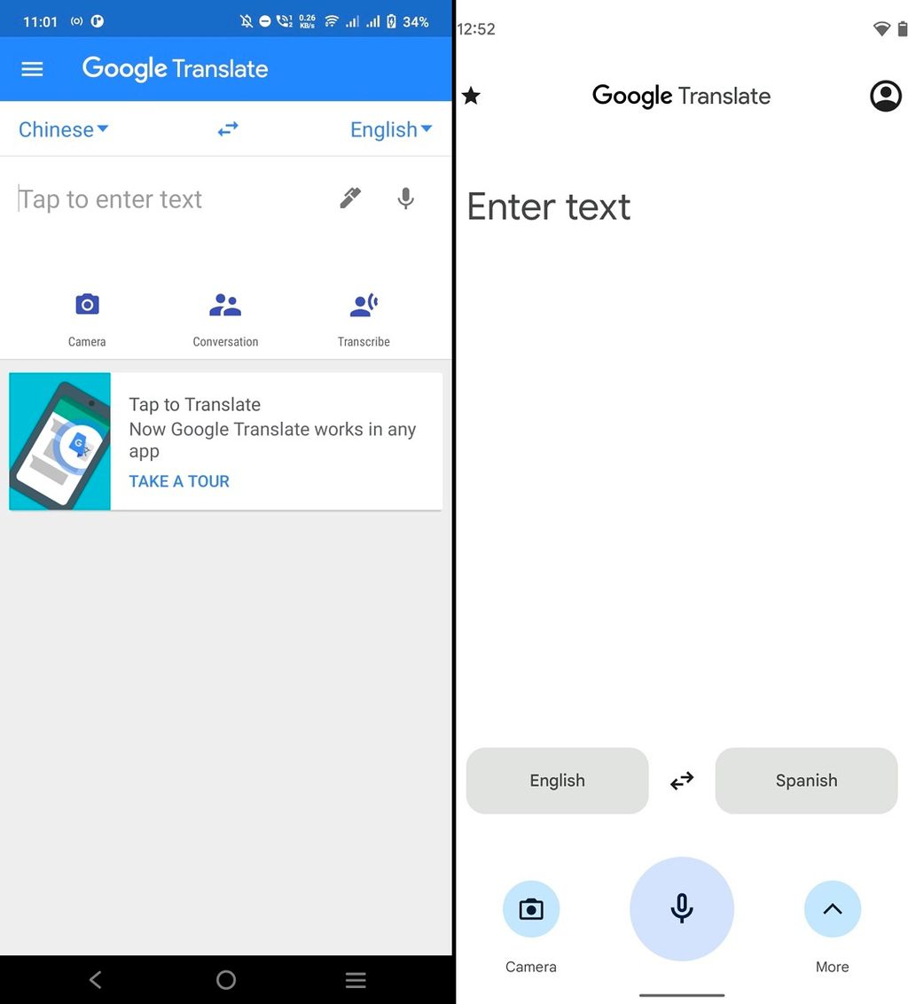 Visual atual do Google Tradutor à esquerda, interface atualizada do app à direita (Imagem: Reprodução/XDA Developers)