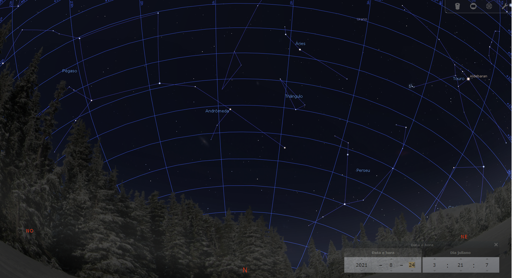 Visão do céu em São Paulo, às 3h21m do dia 24/8, em São Paulo, em direção ao Norte, segundo o Stellarium (Imagem: stellarium.org)
