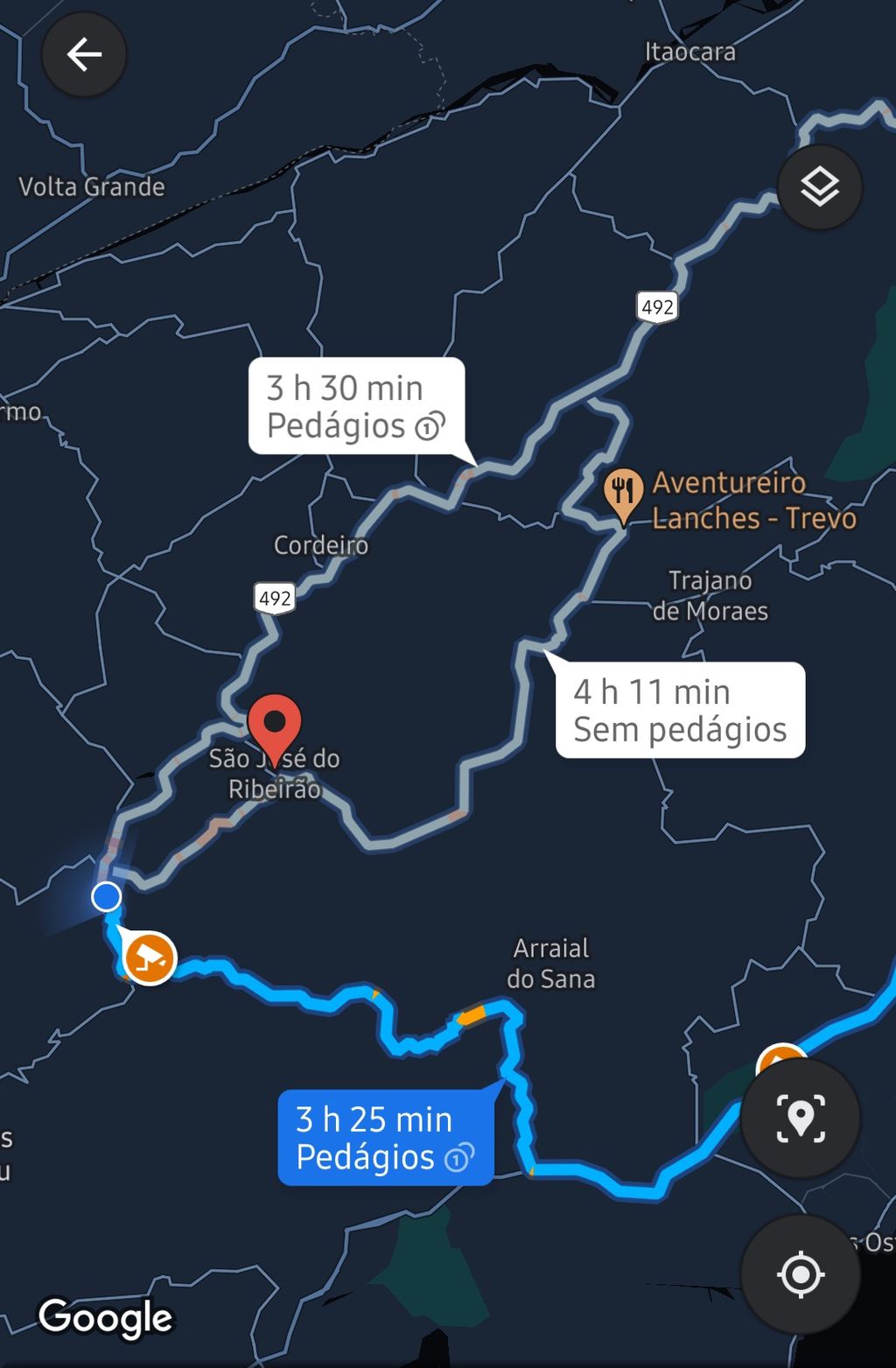 Hoje, o Google Maps consegue indicar onde são os pontos de cobrança em uma rodovia, mas sem dar detalhes sobre o preço da passagem (Captura: Igor Almenara/Canaltech)