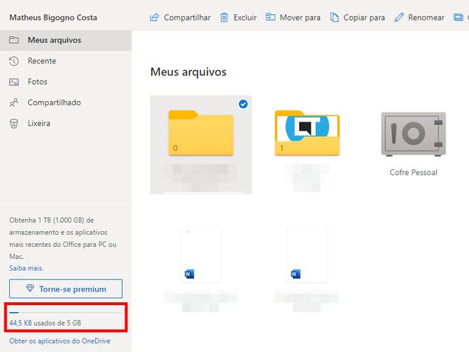 Acesse o OneDrive no PC e utilize o menu esquerdo para visualizar o espaço utilizado (Captura de tela: Matheus Bigogno)