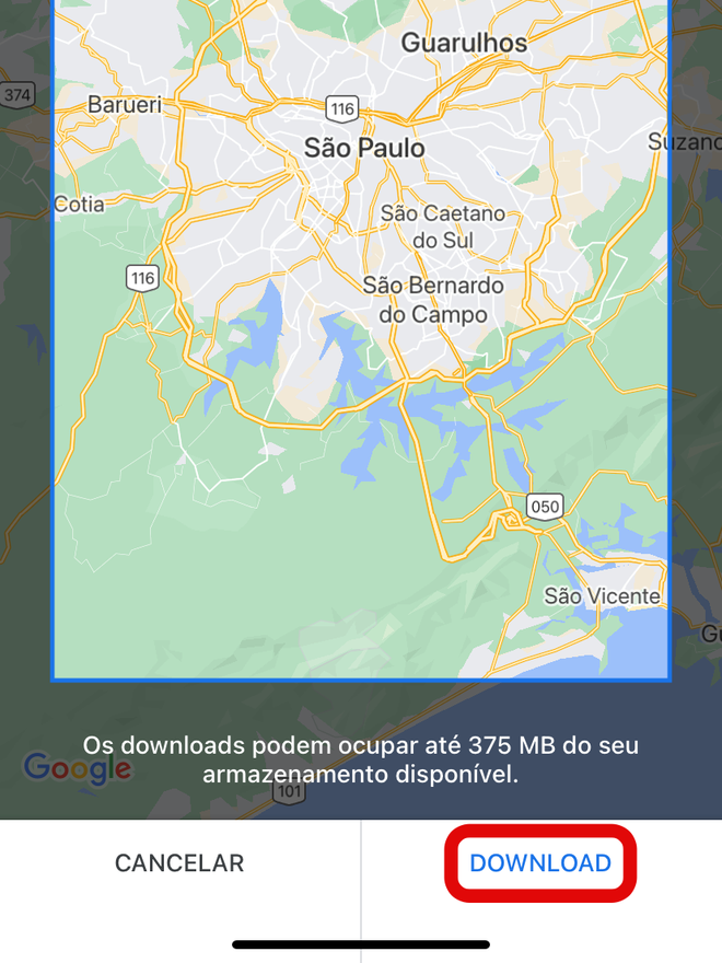Acompanhe as informações abaixo da tela para ver o tamanho do download do mapa - Captura de tela: Thiago Furquim (Canaltech)