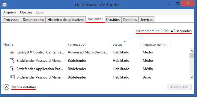 No gerenciador de tarefas é possível verificar quanto tempo levou o último boot do sistema No gerenciador de tarefas é possível verificar quanto tempo levou o último boot do sistema