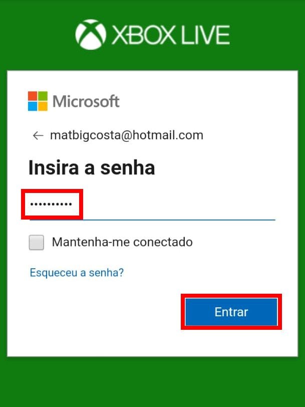 Preencha a sua senha e clique em "Entrar" para efetuar o login na sua conta (Captura de tela: Matheus Bigogno)