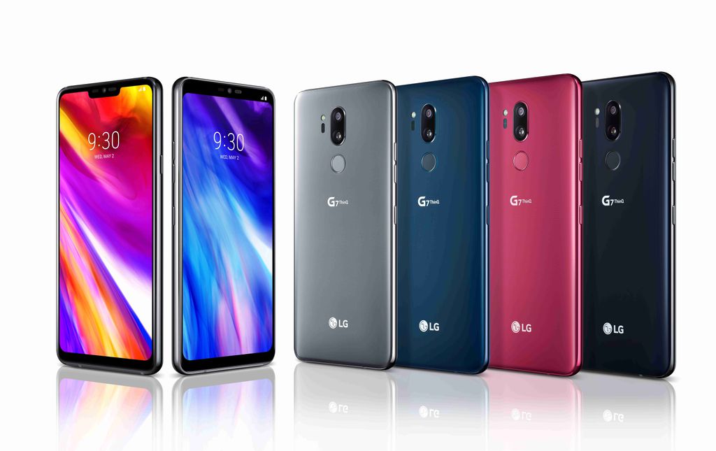 Detalhes das quatro opções de cores disponíveis para o LG G7 ThinQ (Imagem: Divulgação / LG)