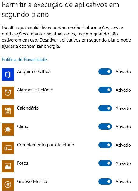 Apps em segundo plano Windows 10