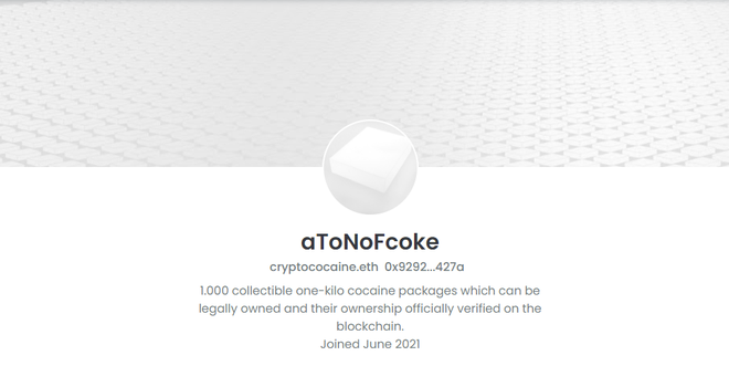 O conceito do "a ToN oF coke" é bem simples: cada NFT equivale a 1 kg de cocaína totalmente virtual (Imagem: Reprodução/OpenSea)