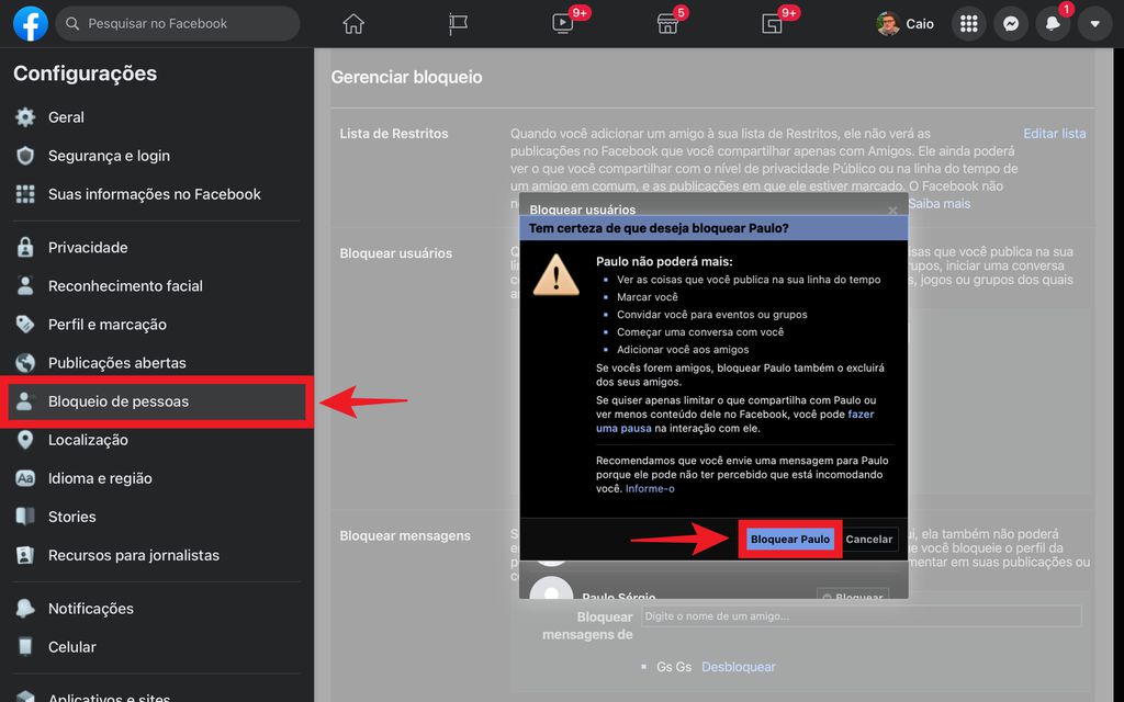 Como bloquear uma pessoa no Facebook: rede social tem seção dedicada a contatos bloqueados (Captura de tela: Caio Carvalho)
