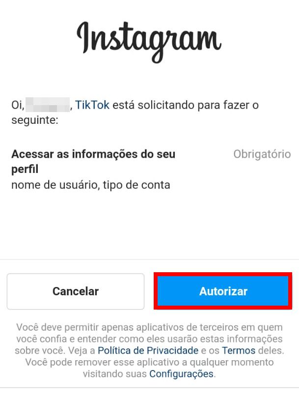 Clique em "Autorizar" para que o TikTok acesse as informações do seu perfil do Instagram (Captura de tela: Matheus Bigogno)