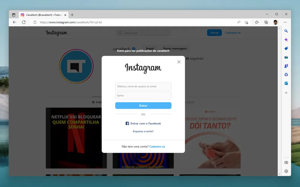 Faça o login para ver conteúdo de publicações no Instagram (Imagem: Thiago Furquim/Canaltech)