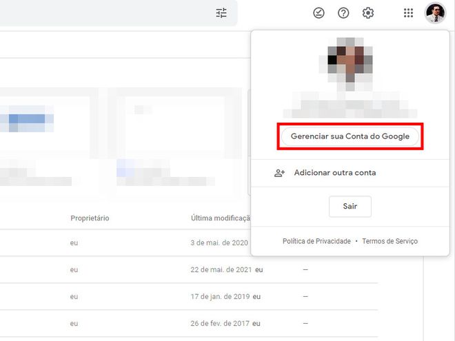 Para visualizar todos os contatos bloqueados, clique em "Gerenciar sua Conta do Google" (Captura de tela: Matheus Bigogno)