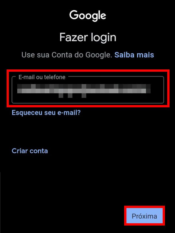 Insira o e-mail ou número de telefone e toque em "Próxima" (Captura de tela: Matheus Bigogno)