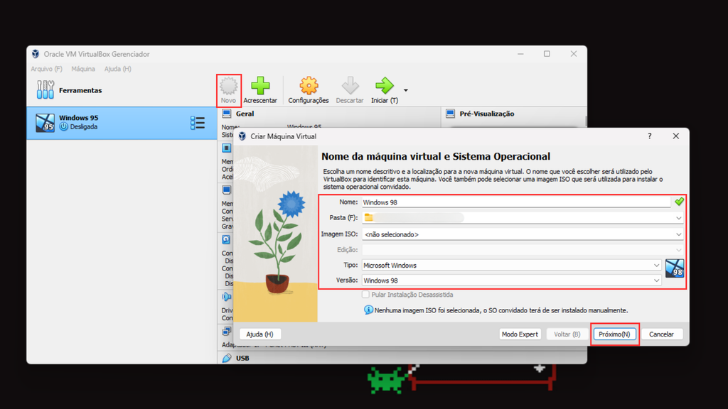 Crie uma máquina virtual para o Windows 98