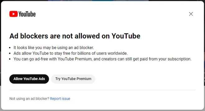 A mensagem de alerta impede o usuário de assistir a vídeos se mantiver o bloqueador de anúncios ativado no YouTube (Imagem: Sazk100/Reddit)
