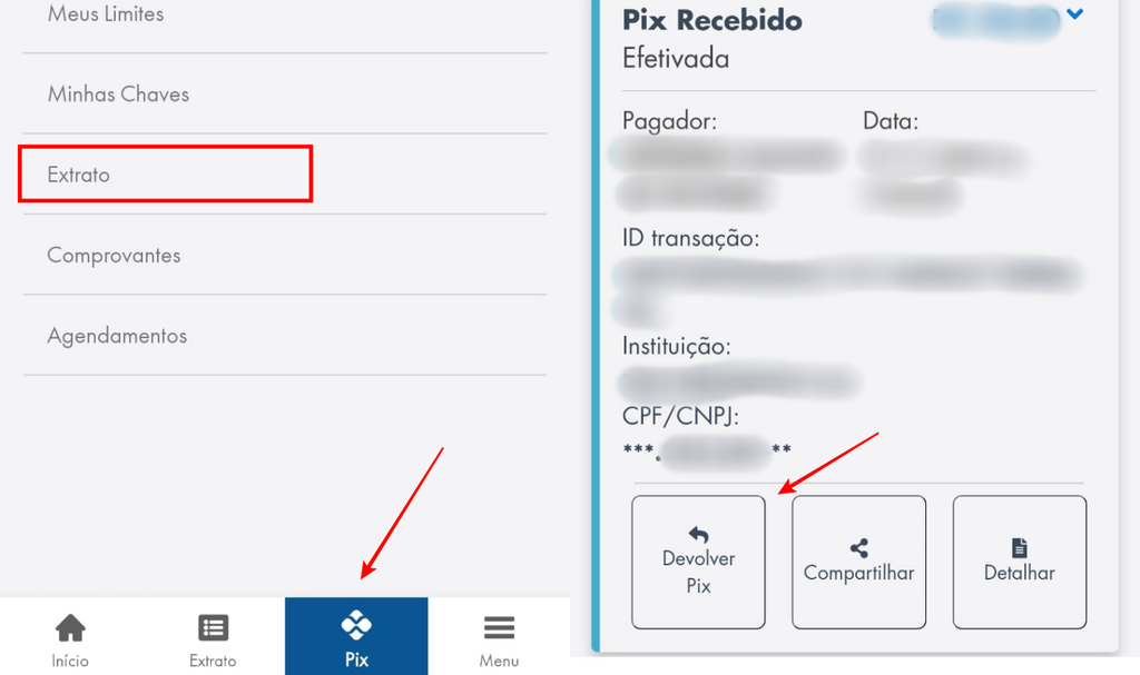 É possível devolver um Pix recebido por engano tocando em um botão específico dentro da menu de extratos (Imagem: Captura de tela/Fabrício Calixto/Canaltech)