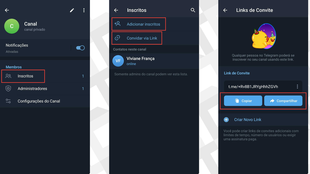 Captura de tela do passo a passo para compartilhar canais do telegram