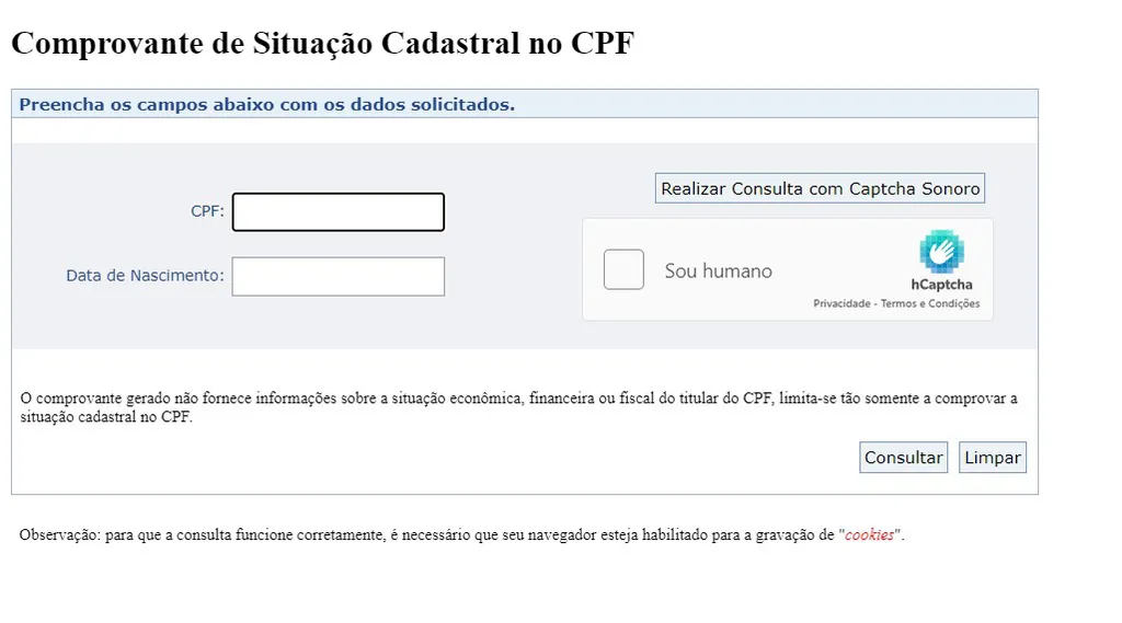 Ferramenta da Receita Federal pode ser usada para consultar a situação cadastral do CPF (Imagem: Captura de tela/André Magalhães/Canaltech)