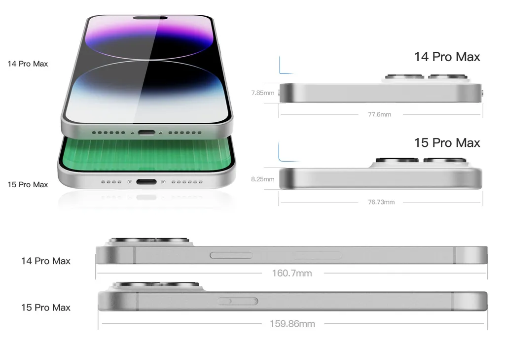Dimensões vazadas ressaltam mudanças sutis entre iPhone 14 Pro Max e 15 Pro Max, incluindo novo visual com quinas arredondadas, grande módulo de câmera e conector USB-C (Imagem: Reprodução/@universeice)