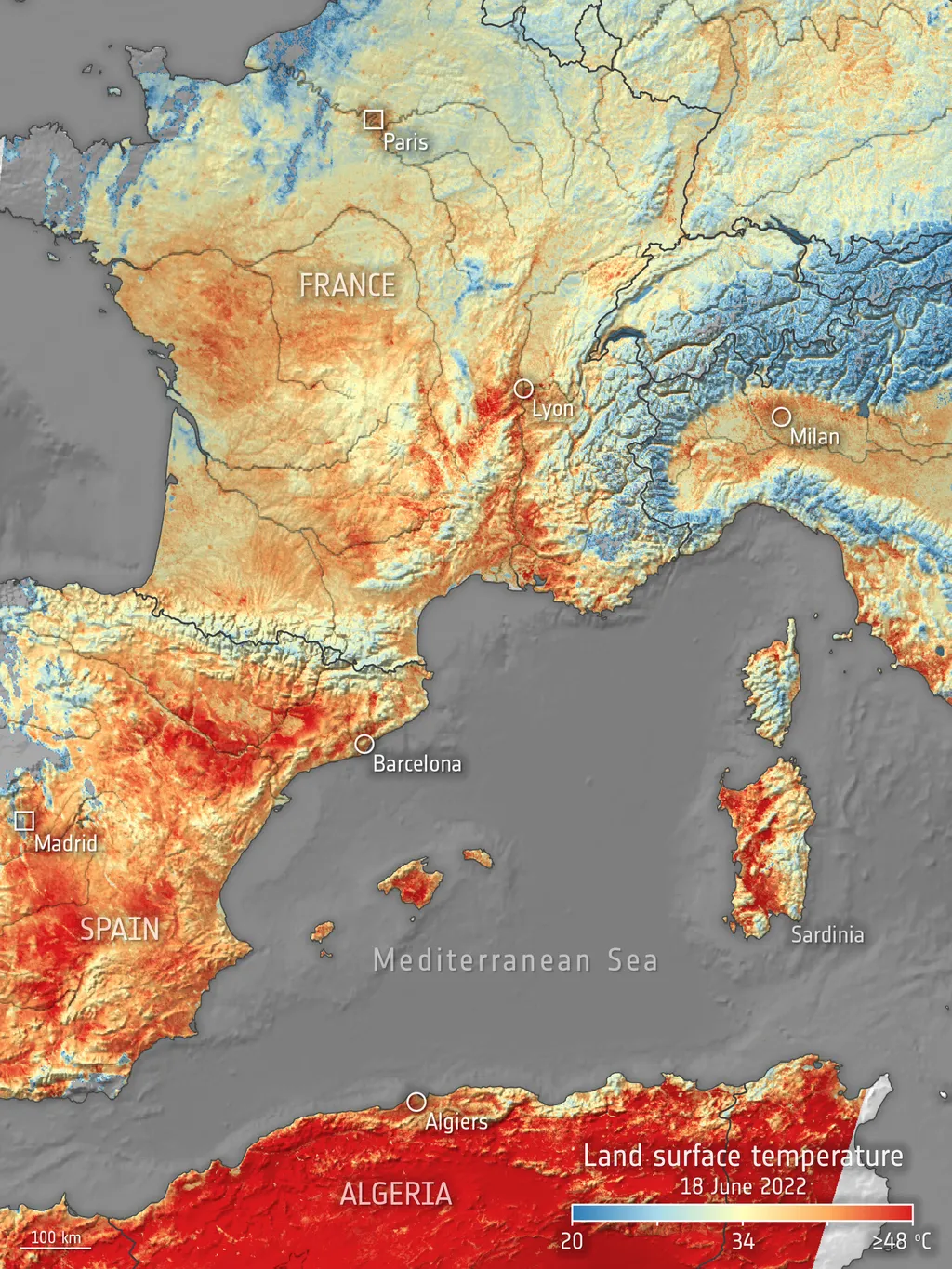 A Europa sofreu com inúmeras ondas de calor, quebrando recordes e incendiando florestas, por exemplo (Imagem: ESA)