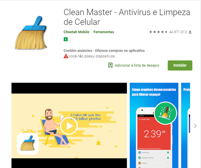 Apps para fazer a limpeza do seu celular: Clean Master (Captura de tela: Ariane Velasco)
