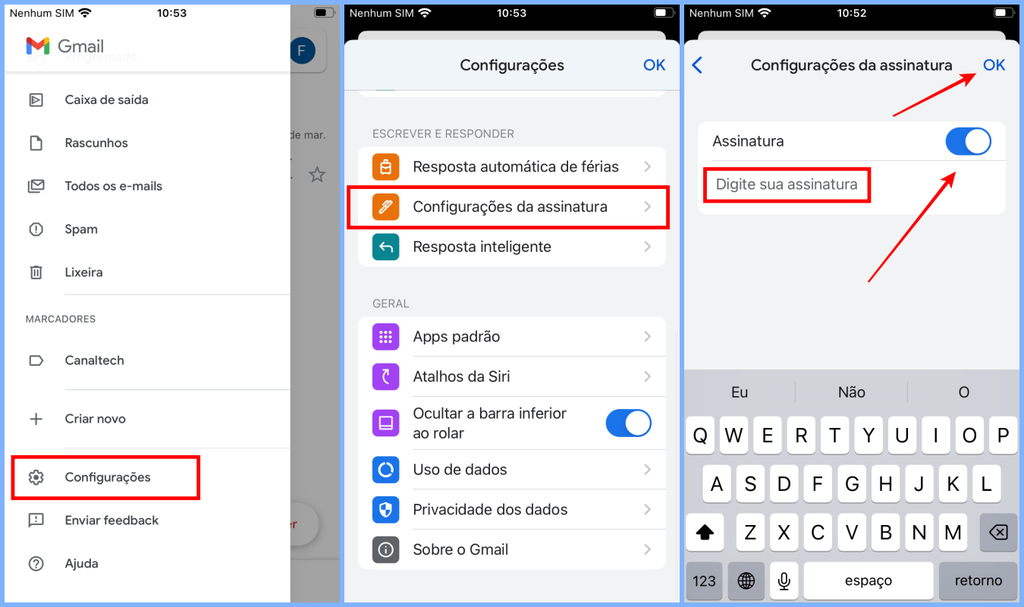 É necessário habilitar a assinatura do Gmail no iOS para, aí sim, digitar seu texto (Imagem: Captura de tela/Fabrício Calixto/Canaltech)